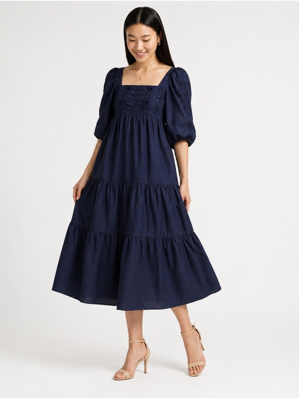 Desigual NWT Navy Puff-Sleeve Tiered Midi Smocked Peasant Beaded (XS)
